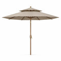 Rund haveparasol Ø300 cm med dobbelt baldakin i beige polyester og brun træmast