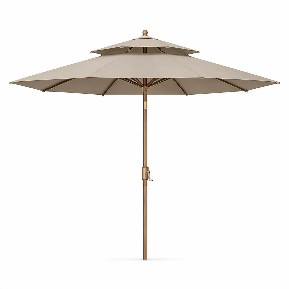 Rund haveparasol Ø300 cm med dobbelt baldakin i beige polyester og brun træmast