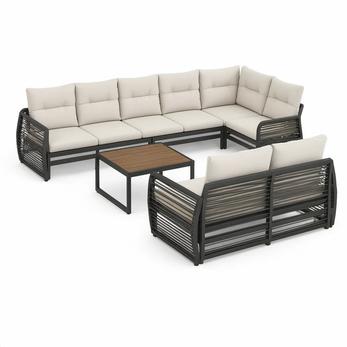 Haveloungesæt med hjørnesofa, 2-personers sofa og bord, 250 x 250 cm, sort/beige/brun