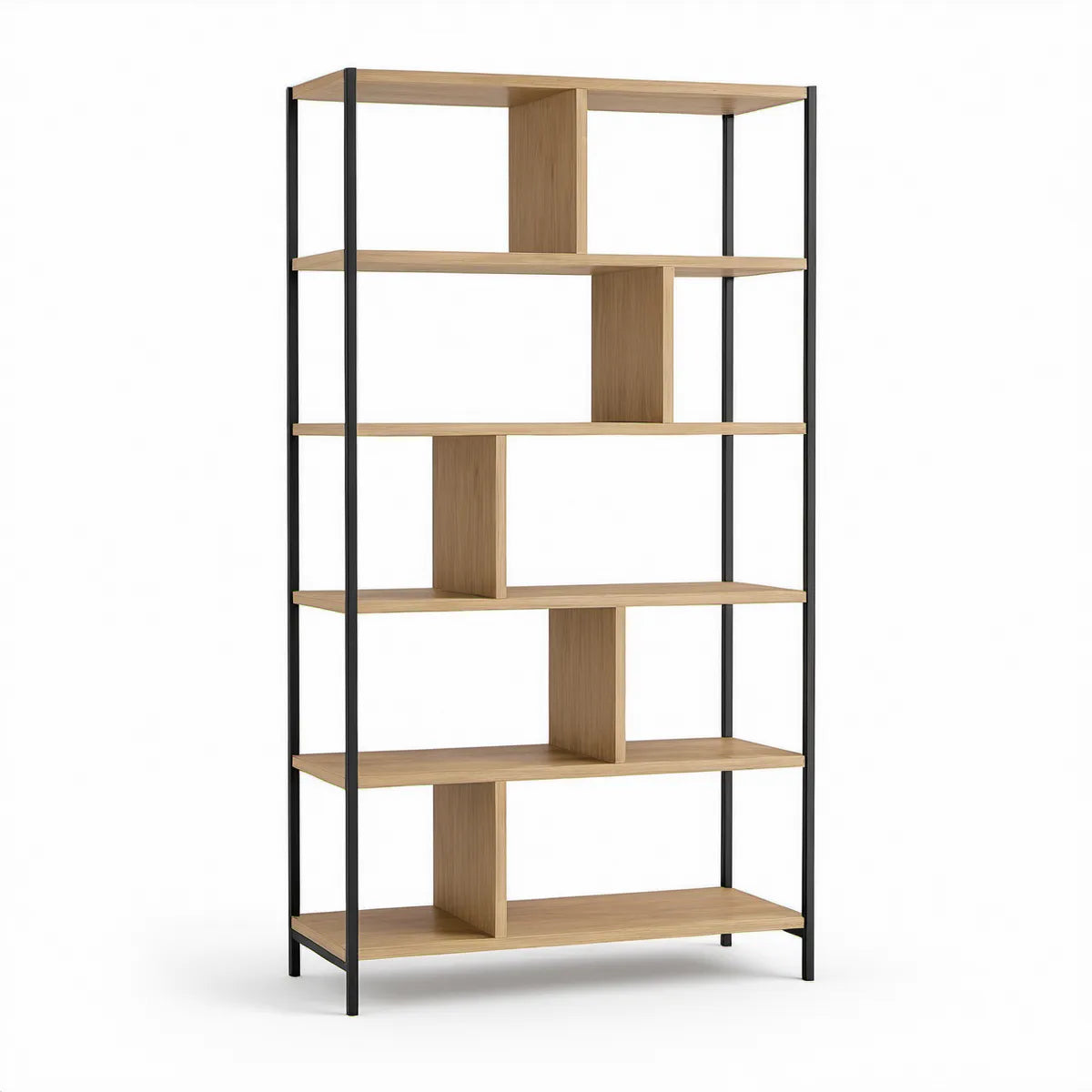 Gulvreol med 6 hylder, 90 x 35 x 180 cm, egefarvet MDF og sort stål
