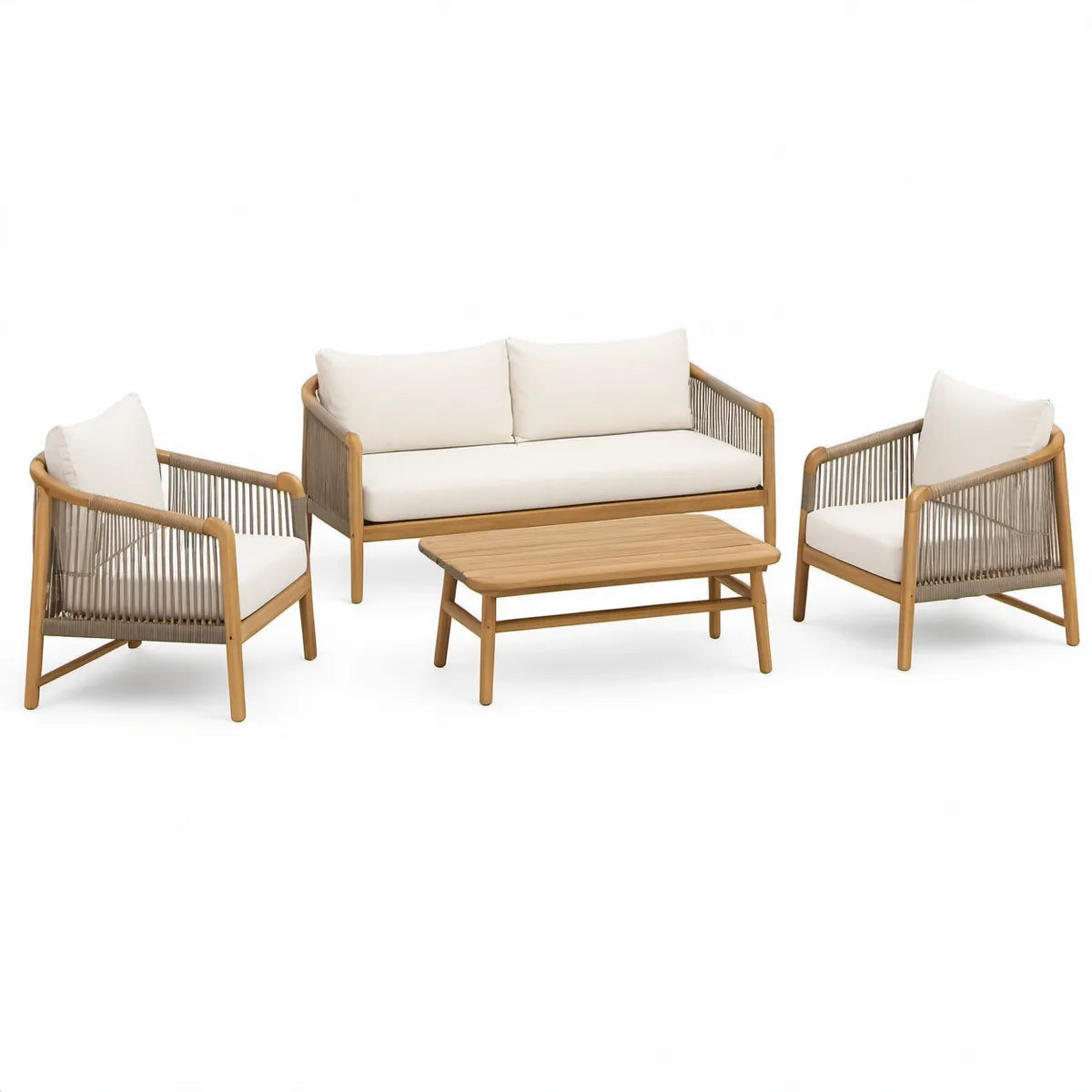 Haveloungesæt i akacietræ med beige hynder, 2 lænestole, 2-personers sofa og sofabord 100 x 60 cm