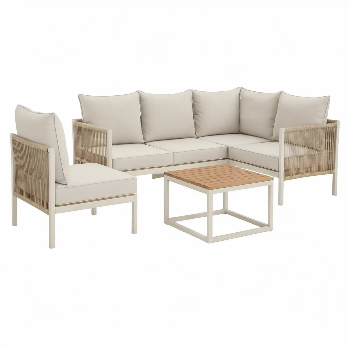 Haveloungesæt med hjørnesofa, lænestol og sofabord, 240 x 170 cm, beige/sand/hvid/natur