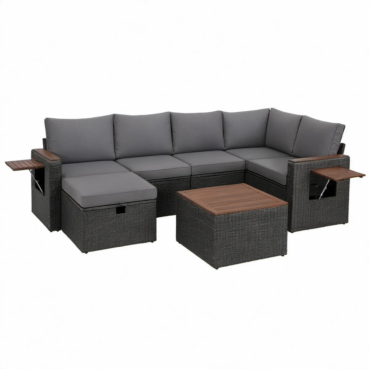 Loungesæt i polyrattan med sofabord, 280 x 210 cm, Sort/Mørkegrå/Brun