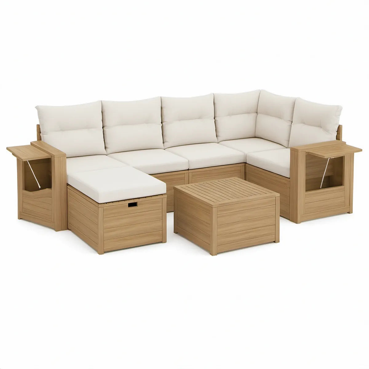6-delt L-formet loungesæt i massivt akacietræ, natur/hvid, 235 x 235 x 75 cm