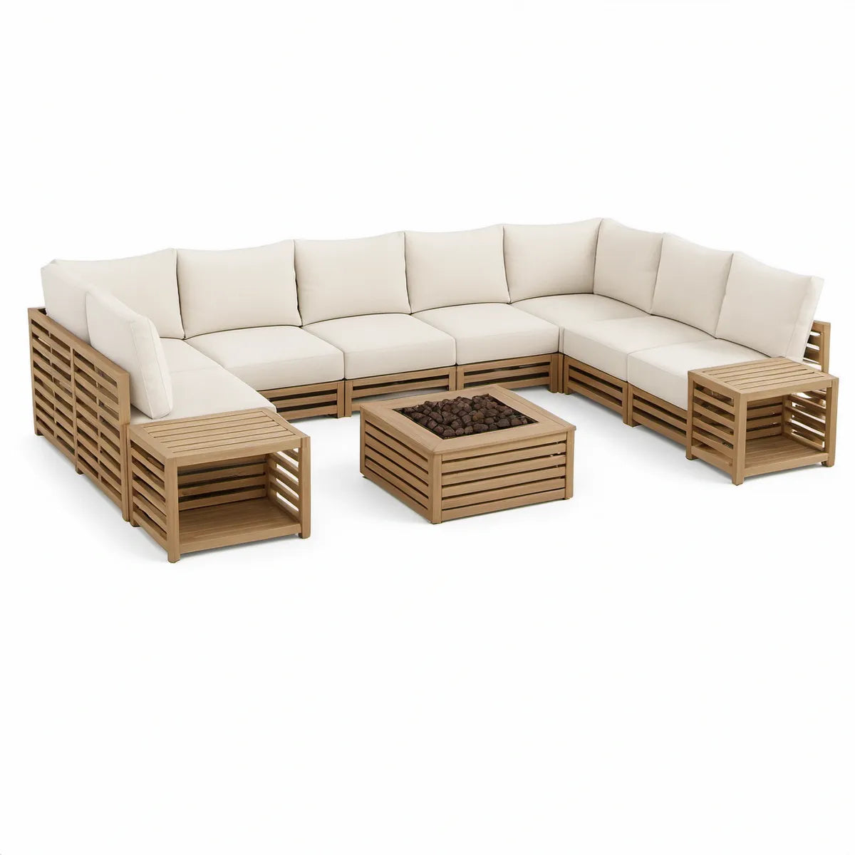 Loungegruppe i akacietræ med ildbord, naturbrun/creme, 300 x 240 x 78 cm